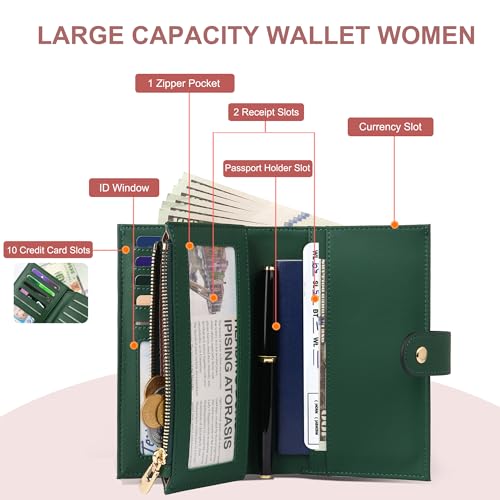 yiijay Womens Wallet RFID Blocking Leather Trifold Clutch Wallet Credit Card Holder Ladies Travel Wallet Purse with Pen Holder - color: 1Dark Green