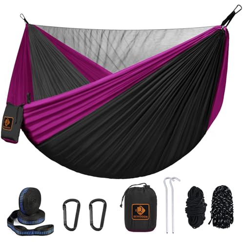 Camping Hammock, Portable Hammocks with Mosquito Net,Lightweight Nylon Parachute Hammock with 10ft Tree Straps,Camping Gear Must Haves for Travel Hiking Backpacking Beach Patio-Black&Pink - color: Black&pink, size: Large