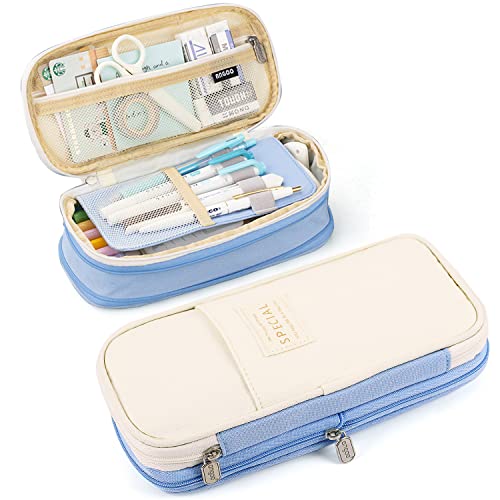 MAMUNU Large Capacity Pencil Case, Expandable Stationery Bag with Zipper Compartments, Aesthetic Pencil Case Pouch for Office College School Students Teen Girls Boys - color: LightBlue