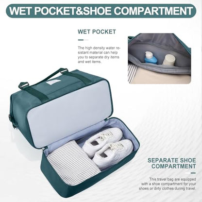 Weekender Bags for Women,Travel Duffle Overnight Bag with Shoe Compartment,Personal Item Carry On Bag,Gym Bag,3 Pcs Set - color: A-Peacock Blue-3Pcs-0022, size: Large