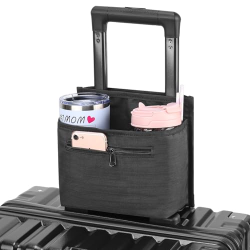 ZHCHG Luggage Travel Cup Holder Attachment for Suitcase Drink Carrier Caddy, Coffee Mug and Tumblers, Traveler Carry on Hands Free Accessory- Gifts for Flight Attendants Travelers Accessories- Black - color: black