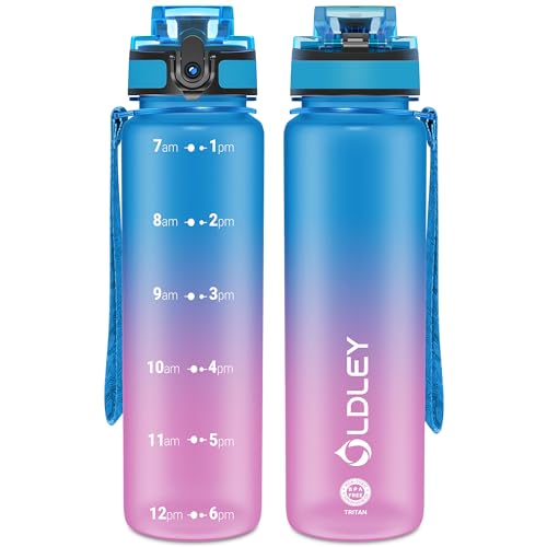 OLDLEY 32 oz Water Bottle, Motivational Water Bottle with Time Marker, Sports Water Bottle With Strap, Leakproof & BPA Free Large Water Bottles for School, Gym, Travel, Outdoor, Tritan,Blue&Purple - color: Blue&Purple, size: 32 Ounces