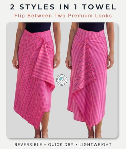 3-in-1 Wearable Beach Wrap & Lightweight Travel Towel – Sarong with Secure Button Closure, Quick-Dry Sand-Free Microfiber, Adjustable Fit (64”x33”, Fits S–4X), Compact Pool & Beach Essential - color: Pink - Blue Lines