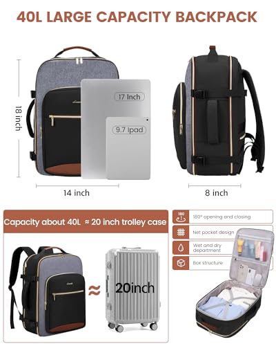 LOVEVOOK 40L Travel Backpack for Women & Men, Airline Approved Carry On Luggage with 3 Packing Cubes, TSA Overnight Bags, Waterproof Personal Item Bag, Weekender Essentials Backpacks fits 17" Laptop - color: Black-grey-brown, size: Large