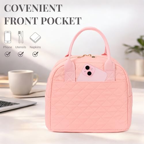 LOVELYWIND Lunch Bag for Women, Insulated Lunch Box, Reusable Water-Resistant Lunchbox Cooler with Front Pocket, Large Capacity Lunch Tote Bag for Work, Travel, Picnic - color: Pink