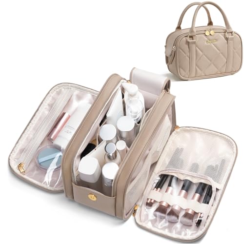Bagstellar Travel Makeup Bag, Large Capacity Quilted Toiletry Bag for Women Stand-up Cosmetic Bag Open Flat Make Up Case Organizer Portable Pouch Purse w/Handle for Traveling Accessories, Camel - color: Camel