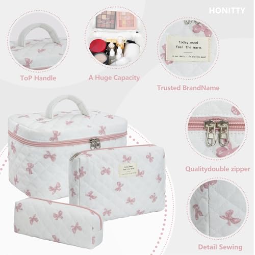 honitty Makeup Bag,Quilted Cosmetic Bag,Large Floral Make Up Bag for Women,Cotton Makeup Bag Set,Flower Travel Toiletry Bag - color: Bow Tie