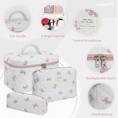 honitty Makeup Bag,Quilted Cosmetic Bag,Large Floral Make Up Bag for Women,Cotton Makeup Bag Set,Flower Travel Toiletry Bag - color: Bow Tie