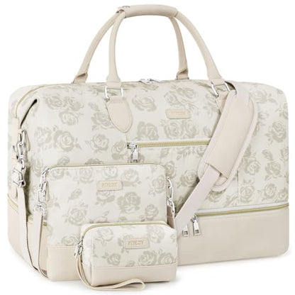 ITIEZY Weekender Overnight Bag for Women - Large Travel Duffel Bag with Shoe Compartment, Gym Duffel Bag Hospital Bag Carry On Tote Bags for Airplanes with Crossbody Bag Toiletry Bag 3Pcs Set - color: 4-Beige Flower