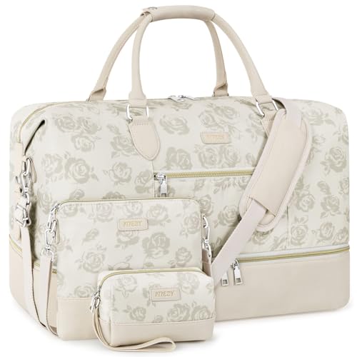 ITIEZY Weekender Overnight Bag for Women - Large Travel Duffel Bag with Shoe Compartment, Gym Duffel Bag Hospital Bag Carry On Tote Bags for Airplanes with Crossbody Bag Toiletry Bag 3Pcs Set - color: 4-Beige Flower