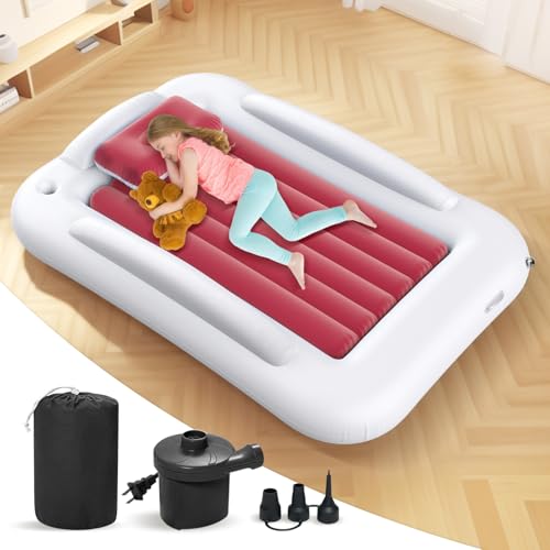 Inflatable Toddler Travel Bed - 60 Inches Portable Toddler Bed for Travel with Safety Sides - Cozy Kids Air Mattress Set with High-Speed Pump & Carry Case - Lightweight & Easy to Inflate(Pink) - color: Pink