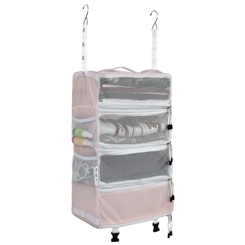 Surblue Travel Hanging Luggage Organizer Portable Suitcase Closet Organizer Multiple Compartments Collapsible Compression Packing Cubes Shelf, Pink, M - color: Pink-A, size: M_14.5×7×22.5in