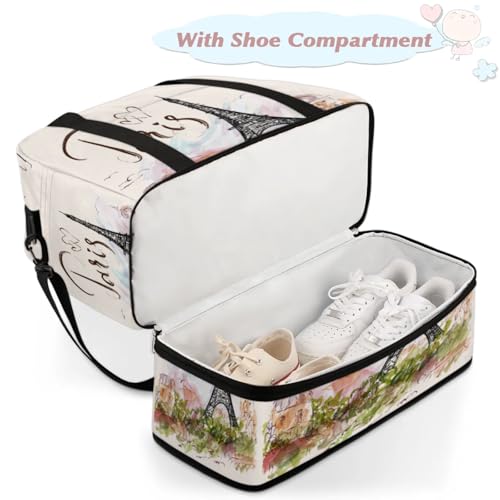 Paris Eiffel Tower Foldable Travel Duffel Bag, Expandable Sports Gym Bag with Shoes Compartment Weekender Overnight Totes Bags for Women Men - color: Paris Eiffel Tower