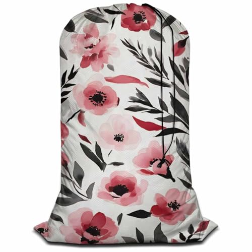 Swono Watercolor Sketch Poppy Large Laundry Bag Washable Large Dirty Clothes, Leaf Repeating Pattern Drawstring Organizer Bag, Fit Hamper Basket Camp Travel Home Dorm, Pink Black - color: Watercolor Sketch Poppy