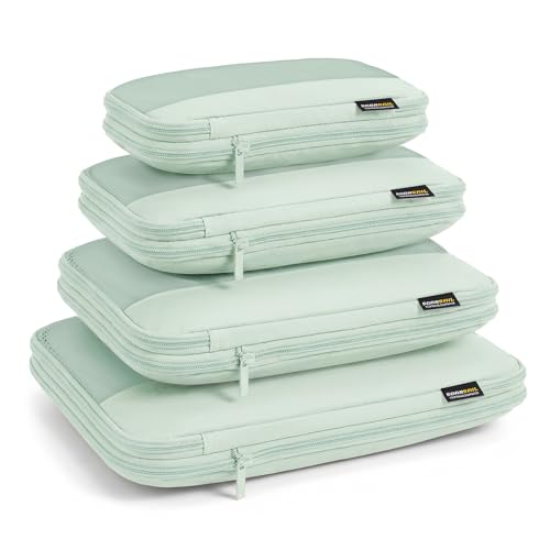4 Piece Compression Packing Cubes for 3–7 Day Travel, Light Green | Wrinkle-Resistant Memory Fabric, Breathable Mesh Panel, Double-Zipper, Small to Large Size Bag, Smart Organization - color: Light Green