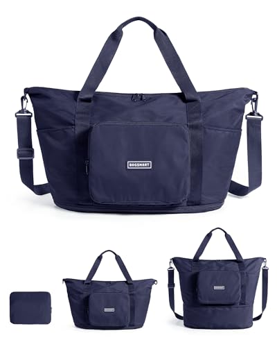 BAGSMART Foldable Travel Bag, 37L Expendable Personal Item Bag, Lightweight Weekender Bags for Women, Water Resistant Extra Carry on for Travel, Navy Blue - color: Navy Blue