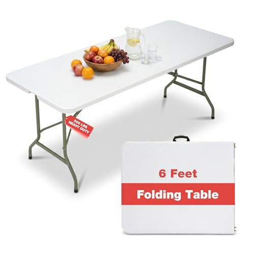 Folding Table 6ft, Heavy-Duty 500lbs Weight Capacity Foldable Table with HDPE Top & Steel Legs, Portable 6 Foot Picnic Table for Indoor Outdoor Parties, Camping, Event
