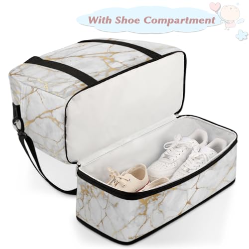 Travel Duffle Bags With Shoes Compartment for Women Men White Gold Marble Lightweigh Sports Tote Gym Bag Marble Foldable Canvas Weekender Overnight Carry On Luggage Handle Bag - color: Z01:White Gold Marble