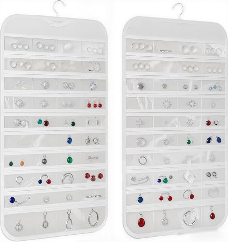 Hanging Jewelry Organizer Pockets Canvas Double Sided Rotating Hanger Necklace Hanging Wall Organizer Jewelry Roll for Earrings, Necklaces,Sunglasses,rings (80-Pocket WHITE) - color: White