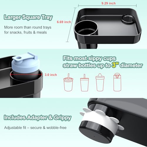 Car Seat Snack Tray for Toddlers - 3 Inch Cup Holder Fits Most Sippy Cups & Straw Bottles with Dip Well, Mess-Free Square Kids Travel Tray Road Trip Essentials, Black - color: Black