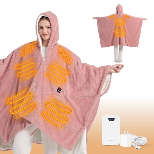Bedsure Cordless Wearable Heated Blanket - Fluffy Electric Blanket Hoodie with 20000mAh Battery Pack, Portable USB Heated Shawl as Winter Gifts for Women Mom, 4 Heat Levels & 4 Timers, 55"x69", Pink - color: 02 - Pink, size: Throw (55" x 69")