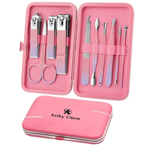 Manicure Set, Travel Mini Nail Clippers Kit Pedicure Care Tools, 10pcs Stainless Steel Grooming kit (Pink Purple) - color: Pink Purple