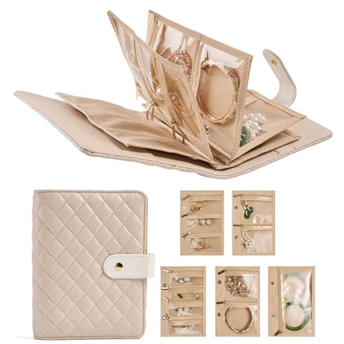 PU Leather Jewelry Binder Organizer Box - Bracelet Earring Rings Necklaces Jewelry Boxes Travel Case with Zipper Velvet Pouch Bags, Gift for Women - Cream White - color: Cream White_quilted Diamond Pattern