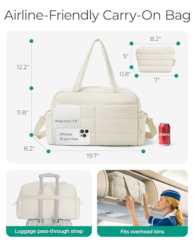 BAGSMART Gym Bag for Women, Lightweight Puffer Duffle Bag 2-PC Travel Bag, 31L Weekender Overnight Bag Quilted Carry On Tote Bag, Diaper Hospital Dance Bag for Travel, Gym, Water Resistant, Beige - color: Beige