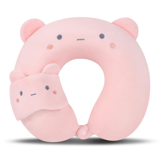 Kids Neck Pillow for Travel with Sleep Eye Mask, Cute Travel Neck Pillow, Memory Foam Flight Sleeping Headrest Pillow for Boys & Girls, Airplane, Train, Car, Home Use - Peach Bear - color: Peach Bear