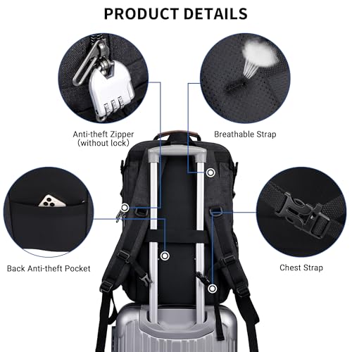 WITZMAN Canvas Travel Backpack for Men Multiple Pockets Fit 16 inch Laptop Backpack Carry-on Airline Approved(A8025 Black) - color: Black