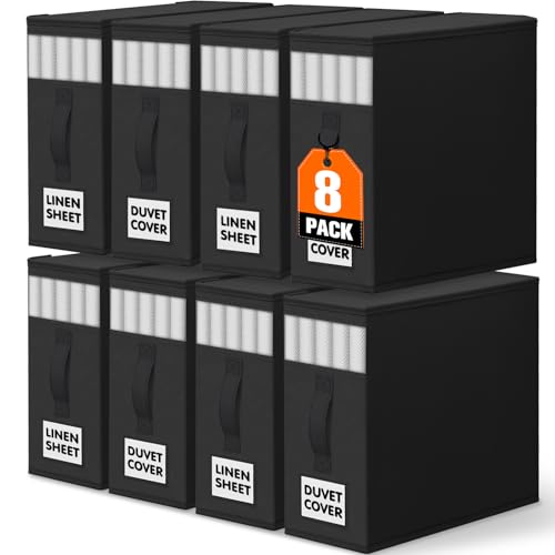 WOWBOX Sheet Organizers and Storage,Closet Bed Sheet Organizer Under Bed Storage and Organization with Label Cards & Clear Window for Bedding Sheets,Duvet Covers,Blankets (8 Pack，Black) - color: Black, size: 8 Pack