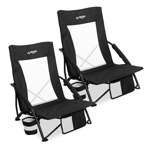Low Folding Beach Chairs for Adults 2 Pack, Portable Lightweight Sling Beach Camping Chair with Cup Holder,Armrest,Foldable Camp Lawn Chair for Outdoor Sand Concert Travel Sport Events - color: Black-2set, size: Low Back