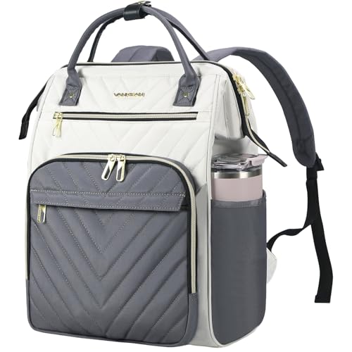 VANKEAN 15.6 Inch Laptop Backpack for Women Fashion Computer Work Bag, Large Capacity Waterproof Backpack, College Daypack Business Travel(Beige-Grey, 15.6 Inch) - color: Beige-grey, size: 15.6 Inch