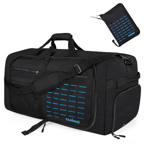 Foldable Travel Duffle Bag for Men Women, Waterproof with Shoe Compartment, 80L 120L Large Collapsible Luggage Bag, Lightweight Packable Duffel for Travel Sports Gym Airline Carry On Checked Bag - color: Black