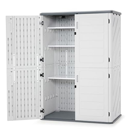 Macrout 50 Cu.Ft Plastic Outdoor Storage Cabinet with Shelves, 4.3 x 2.5 ft Waterproof Resin Outdoor Storage Shed with Floor, Lockable Vertical Shed for Garden and Patio - size: Medium