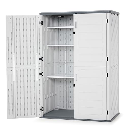 Macrout 50 Cu.Ft Plastic Outdoor Storage Cabinet with Shelves, 4.3 x 2.5 ft Waterproof Resin Outdoor Storage Shed with Floor, Lockable Vertical Shed for Garden and Patio - size: Medium