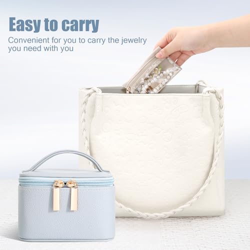 DesignSter Small Jewelry Box, Travel Small Jewelry Organizer with Earring Tray and Ring Holder, Square Travel Jewelry Storage Case with 6 Velvet Jewelry Pouches, Blue Gray - color: Blue Gray