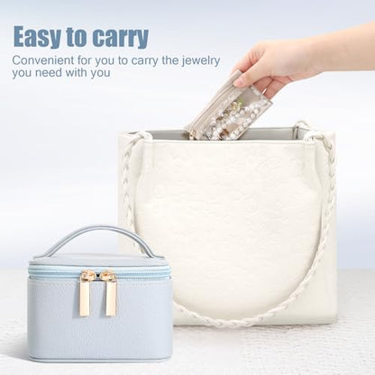 DesignSter Small Jewelry Box, Travel Small Jewelry Organizer with Earring Tray and Ring Holder, Square Travel Jewelry Storage Case with 6 Velvet Jewelry Pouches, Blue Gray - color: Blue Gray