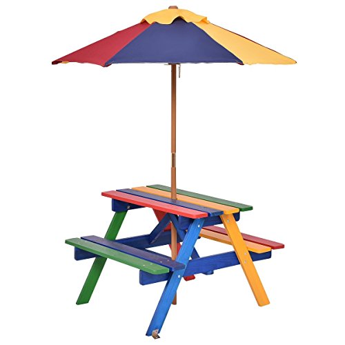 Costzon Kids Picnic Table Set, Colorful Wood Picnic Table and Benches with Removable/Folding Umbrella, Children Rainbow Bench Outdoor Patio Set
