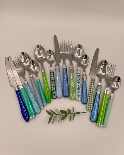 The Original Brink House Eclectic Blue Green Mix & Match Stainless Steel Cutlery Set / 16 pieces with Metal Stand/Lifestyle utensils set for home, first apartment, dorm, dinner parties - color: Eclectic Blue Green