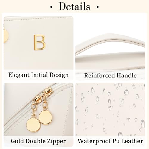Initial Makeup Bag Gifts for Women Bridesmaid Gifts Travel Toiletry Personalized PU Leather Waterproof Cosmetic Bag (Medium-Beige-B) - color: MediumBeige, style: B
