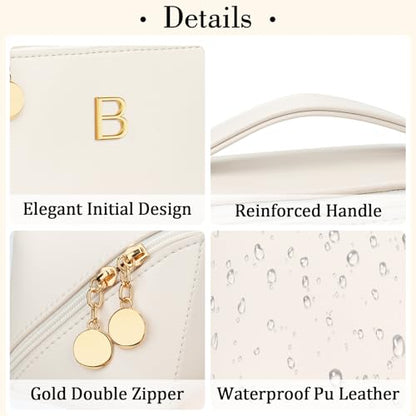 Initial Makeup Bag Gifts for Women Bridesmaid Gifts Travel Toiletry Personalized PU Leather Waterproof Cosmetic Bag (Medium-Beige-B) - color: MediumBeige, style: B