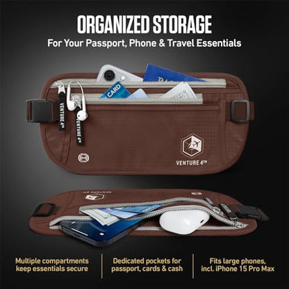 VENTURE 4TH Money Belt for Travel – Slim Hidden Under-Clothes RFID Blocking Anti-Theft Passport Holder & Travel Wallet Pouch for Men & Women to Protect Cash, Cards & Documents (Brown) - color: Brown