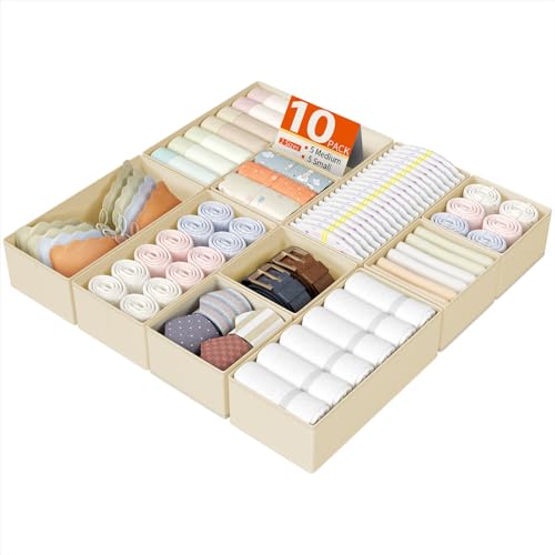DIMJ Drawer Organizers Clothes, Set of 10 Dresser Organizer Bins, Fabric Closet Organizers and Storage, Shallow Drawer Dividers for Nursery, Clothing, Baby Clothes, Socks, Underwears, Tie (Beige) - color: Beige, size: 10 Pack