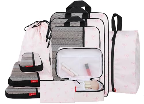 U+U 10 Set Compression Packing Cubes - Ultralight Travel Organizers with Laundry Bag and Cosmetic Bag, Space-Saving Suitcase Organizer for Travel, Business Trip and Family Vacation (Pink Bow) - color: Pink Bow, size: 10 Set