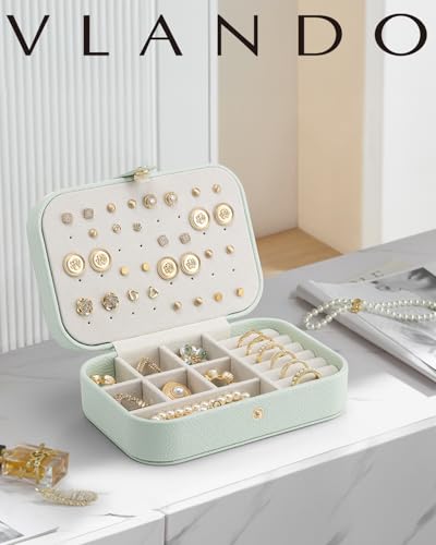 VLANDO Travel Jewelry Case for Women Girls Mothers, PU Leather Portable Small Jewelry Box for Rings, Necklaces, Bracelets, Earring Holder Organizer Storage for Travel, Bridesmaid Gifts - Mint Green - color: E.Mint Green