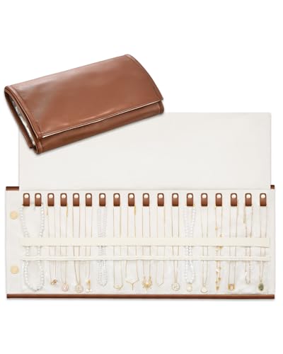 Lolalet Travel Necklace Organizer, Tangle-Free Necklace Case for Travel, Foldable Roll Up Jewelry Storage Bag for Necklaces Chains Bracelets, Caramel, 18 Slots Holder - color: Caramel, size: Large, 18 Slots