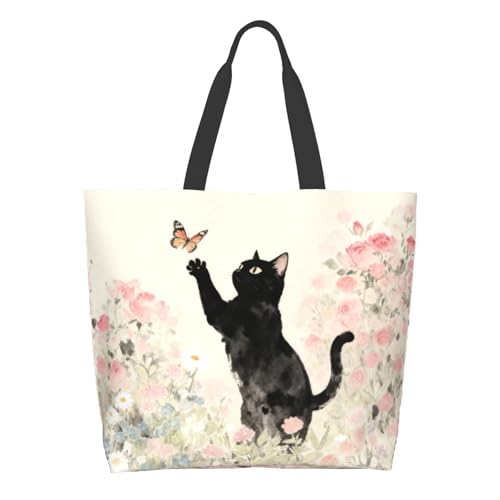 Shoulder Bag Large Reusable Eco-friendly Shopping Bags Portable Storage Handbag | Large - color: Black Cat Butterfly Flowers