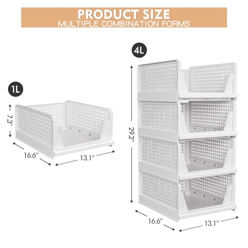 caktraie 4 Pack Stackable Closet Storage Basket - Stackable Storage Bins, Multifunctional & Foldable Closet Organizer Divided, Wardrobe Cupboard Space-Saving Clothes Storage Hat Organizer, White - size: 4 Pack White