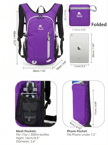 Foldable Small Hiking Backpack with 3 Strap Pockets – Lightweight 300D Spill-proof Daypack for Men Women – Packable Small Travel Backpack with Chest Strap & Trekking Pole Holder – Durable Outdoor Bag - color: Purple